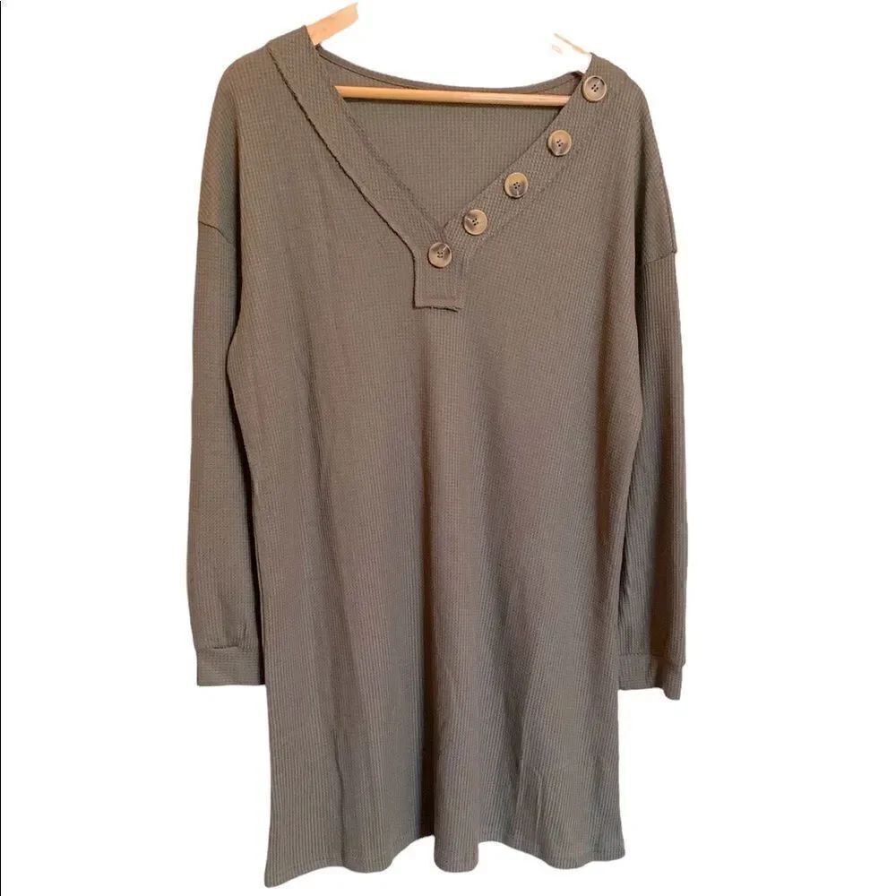 NWOT Gray V Neck Waffle Knit Loose Fit Dress Size XL